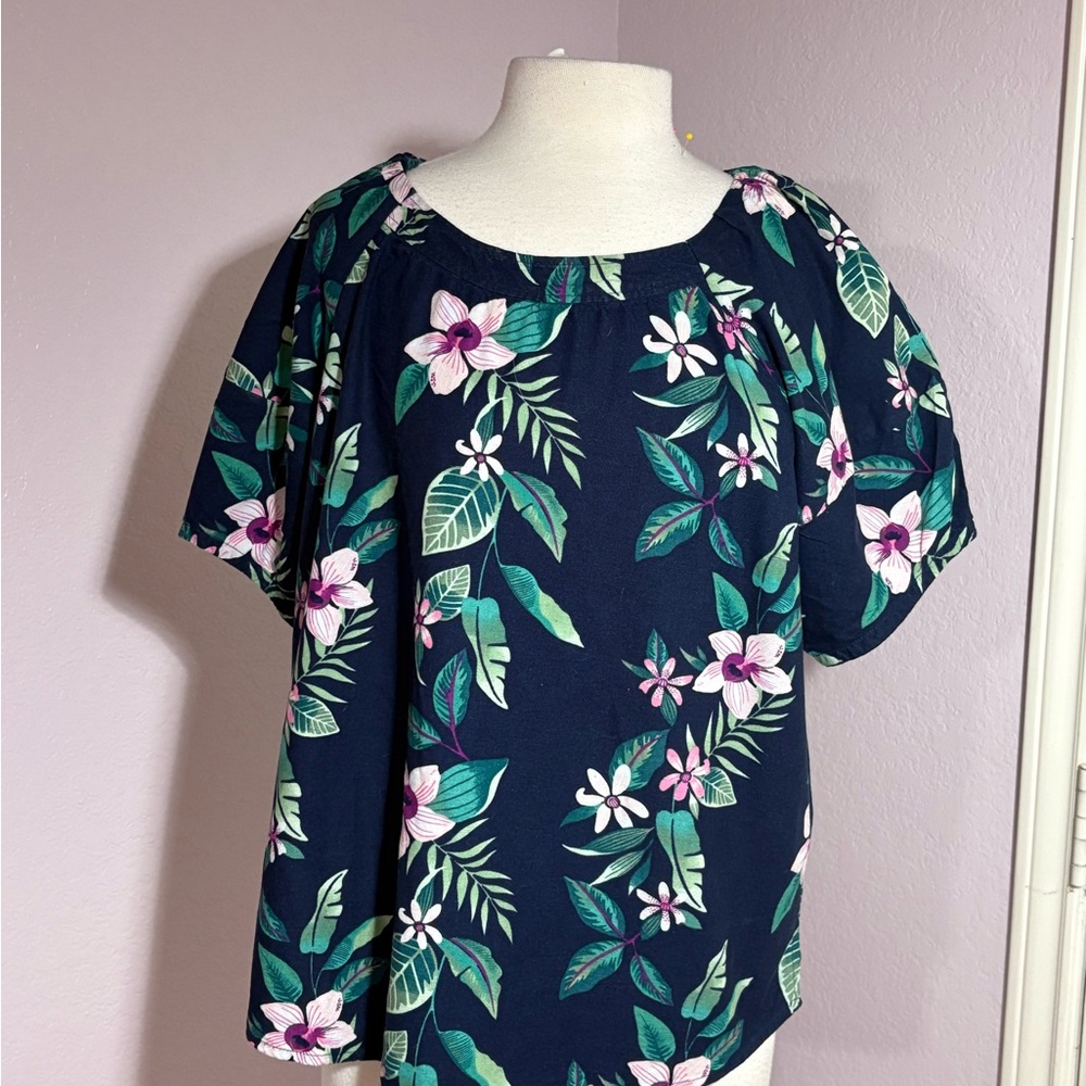 Old Navy Blue Tropical Print Blouse Size Large